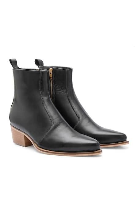 Men's Pointed Toe Chunky Heel Short Leather Boots-Black