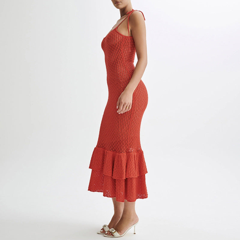 Knitted Ruffled Suspenders Hollow Hip Dress