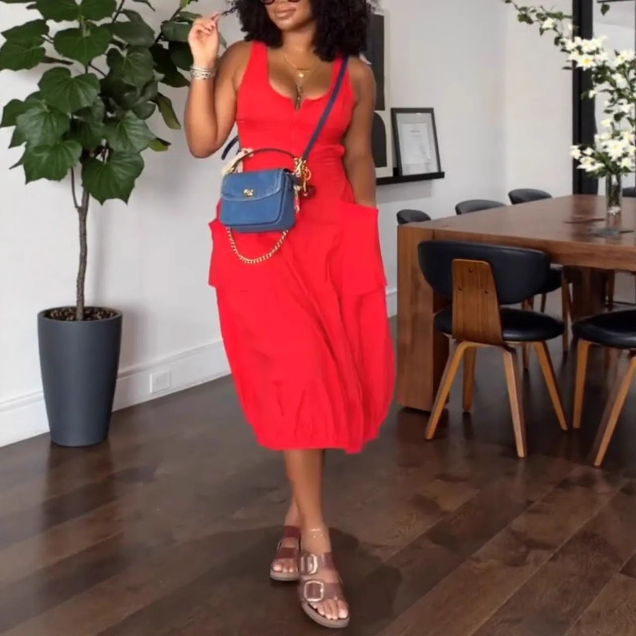 Pleated Waist Irregular V-neck Dress