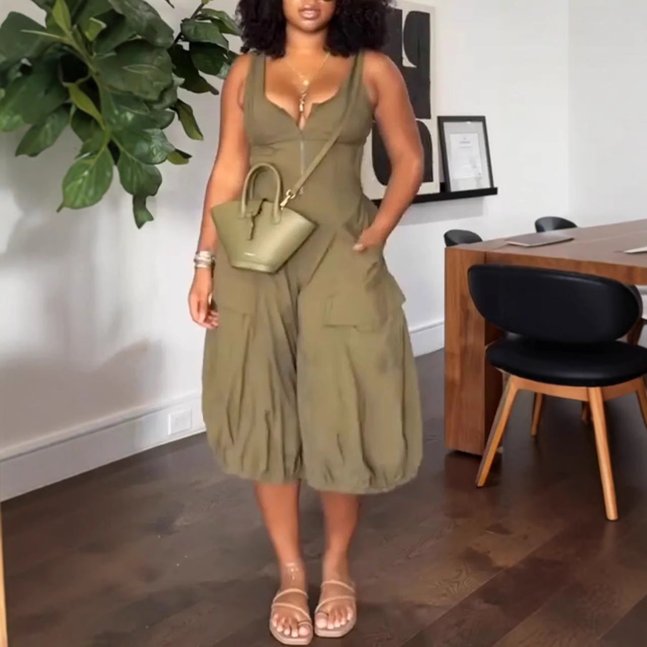 Pleated Waist Irregular V-neck Dress
