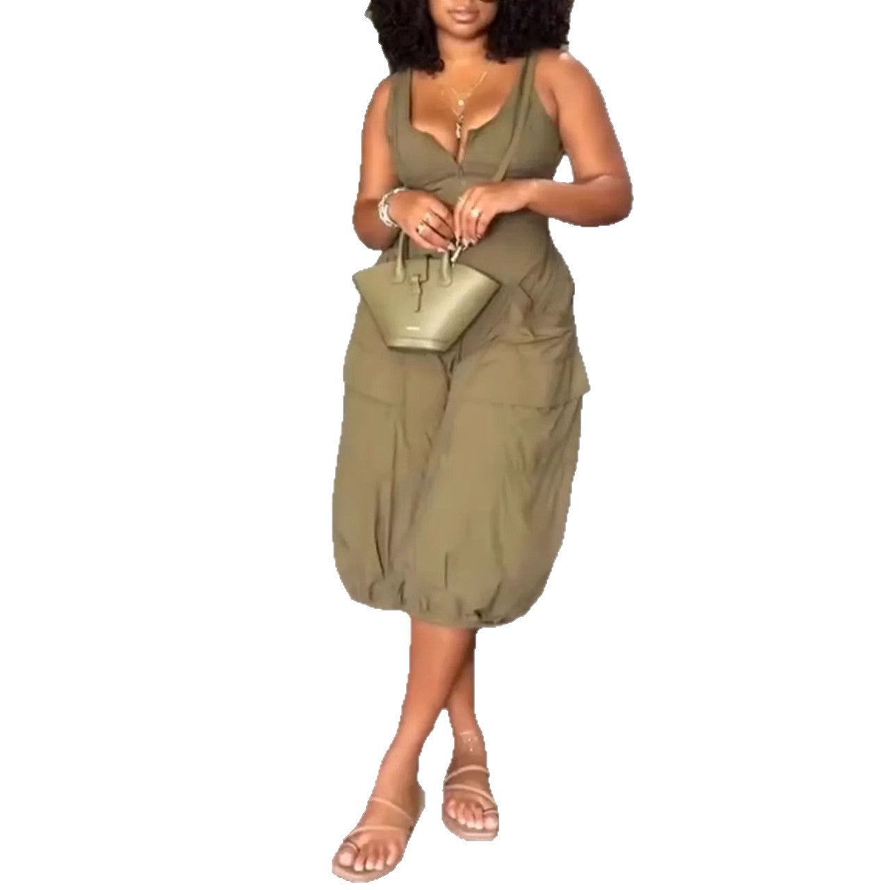 Pleated Waist Irregular V-neck Dress