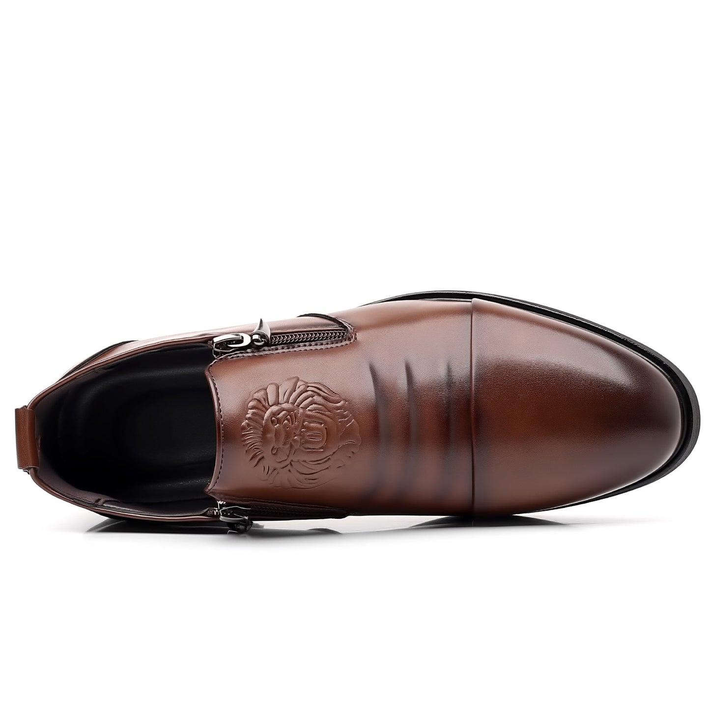 Lion Head Zipper Pointed Toe Casual Leather Shoes