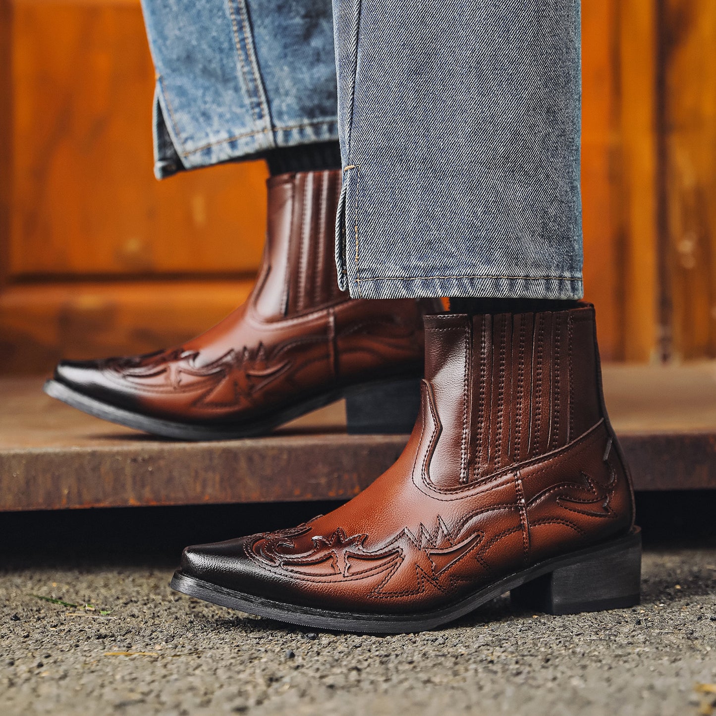 Pointed Toe High Heels Western Cowboy Chelsea Boots