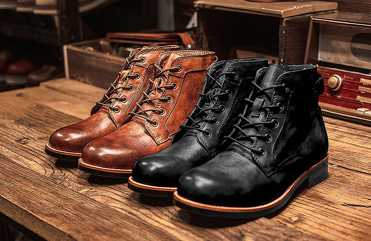Unisex Faux Leather Lace-Up Vintage Style Casual Ankle Boots