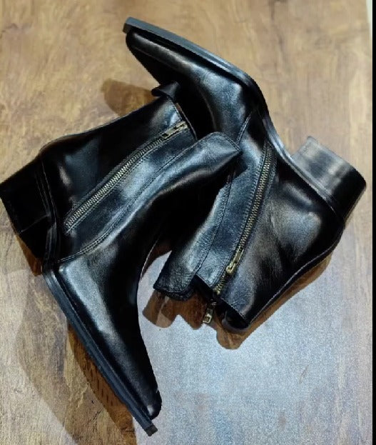 Men's Pointed Toe Chunky Heel Short Leather Boots