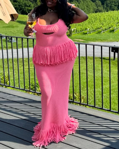 Knitted Fringed Cutout Two Pieces Dress