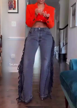 Fashion Denim Wide Leg Fringe Jeans