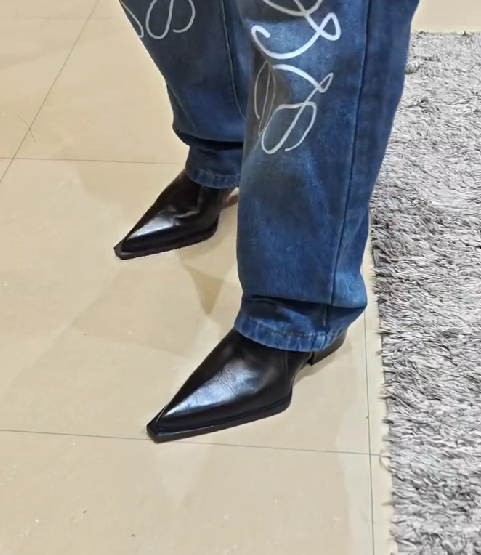 Men's Pointed Toe Chunky Heel Short Leather Boots