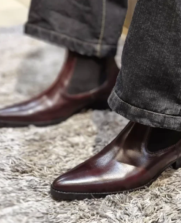 Men's Reddish-brown Pointed Toe Slip-on Ankle Boots