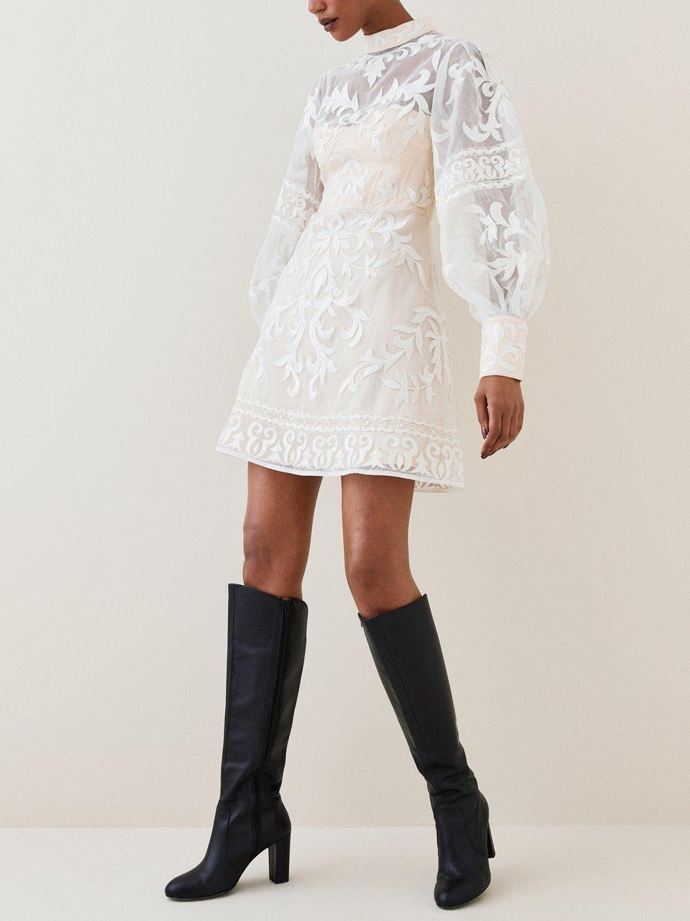 Sheer Bubble Sleeve Applique Short Dress