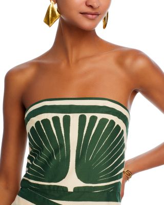 Palm Leaf Printed Strapless Wrap Midi Dress - Green and Cream