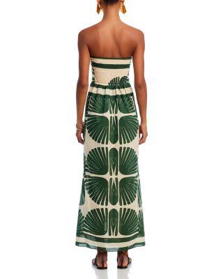 Palm Leaf Printed Strapless Wrap Midi Dress - Green and Cream