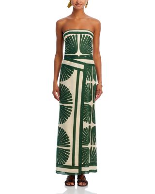 Palm Leaf Printed Strapless Wrap Midi Dress - Green and Cream