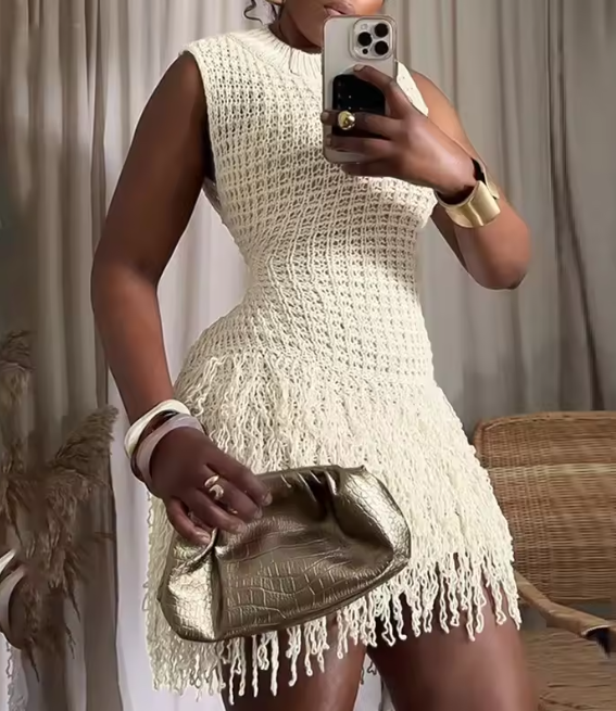 Sleeveless Tassel Hollow Patchwork Dress