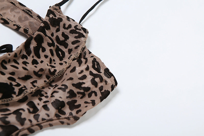 Leopard Print Hollow Lace-up Bodysuit