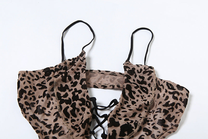 Leopard Print Hollow Lace-up Bodysuit