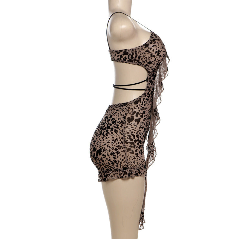 Leopard Print Hollow Lace-up Bodysuit