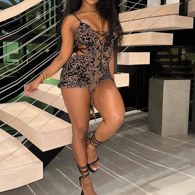 Leopard Print Hollow Lace-up Bodysuit