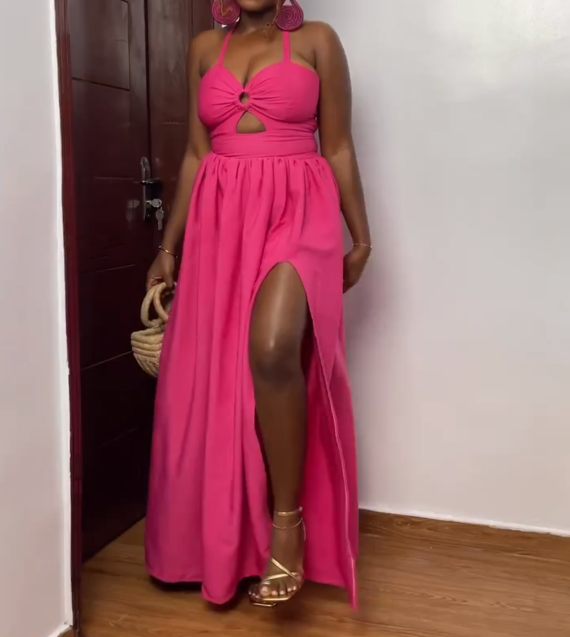 Deep V Hollow Slit Suspender Dress