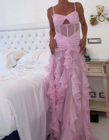 Ruffled Halter Mesh Backless Skirt