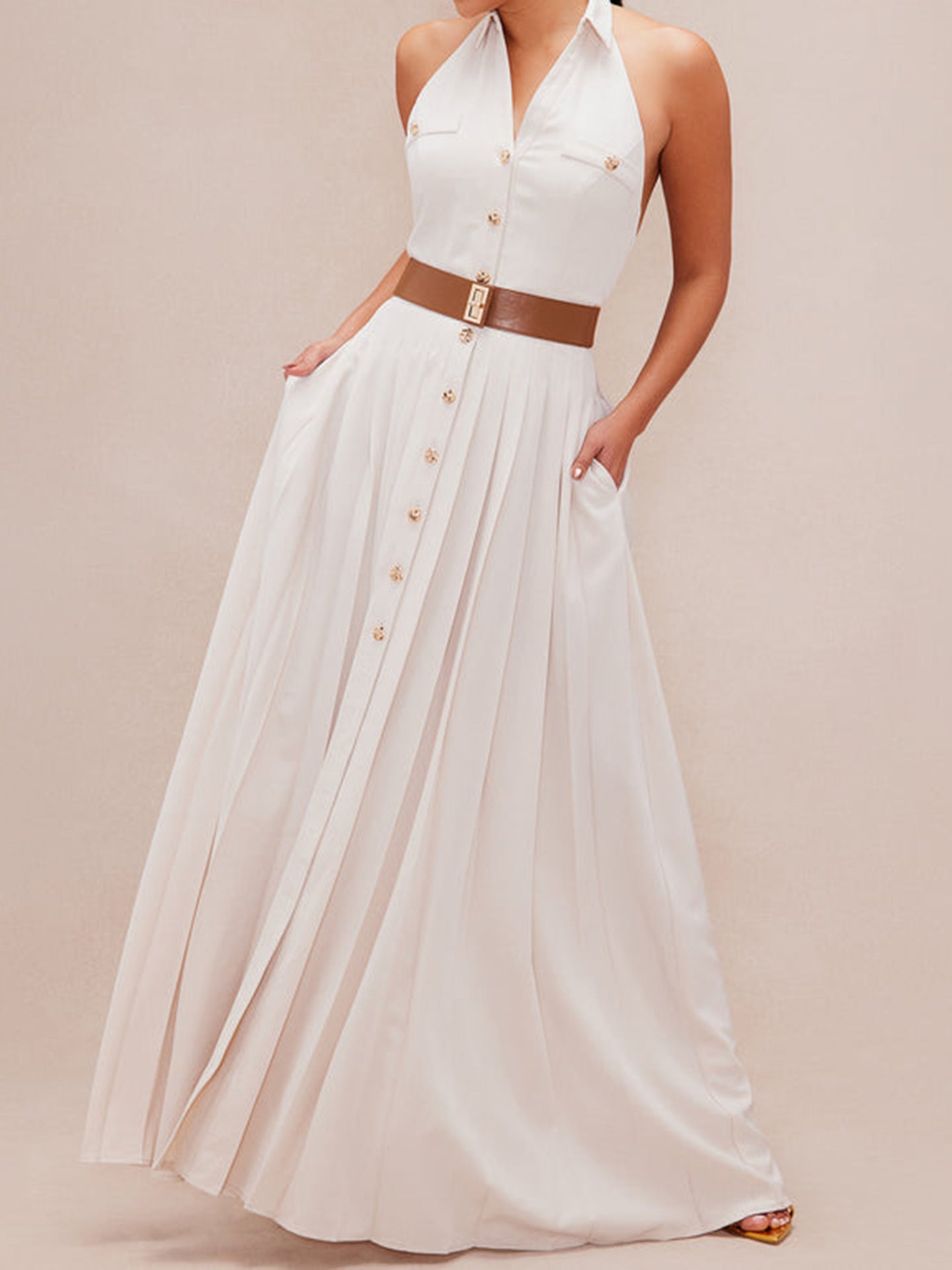 Sleeveless Backless Waist Shirt Dress
