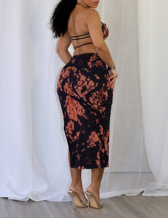 Mesh Print Strappy Slit Midi Dress