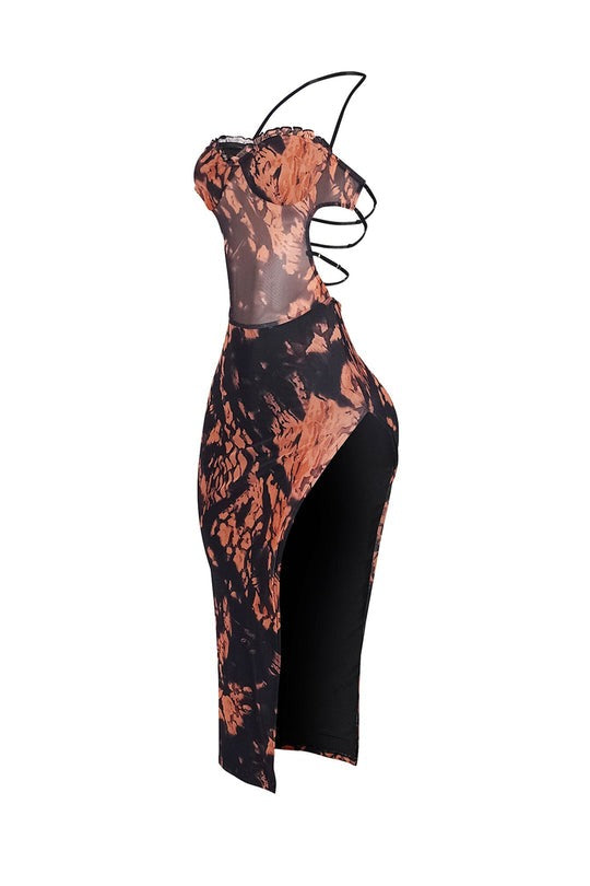 Mesh Print Strappy Slit Midi Dress