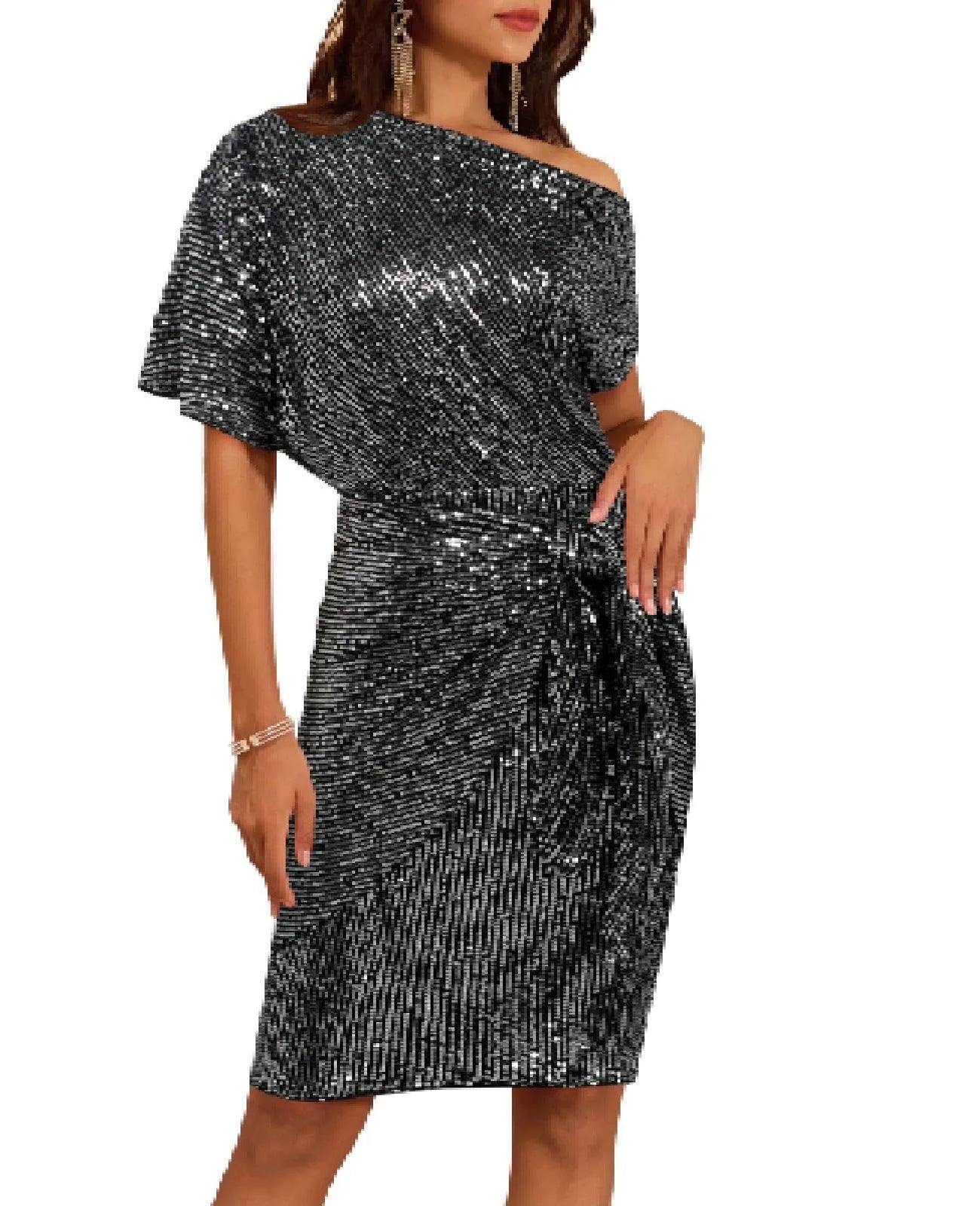 Women's Sequin Glitter One Shoulder Bodycon Dress