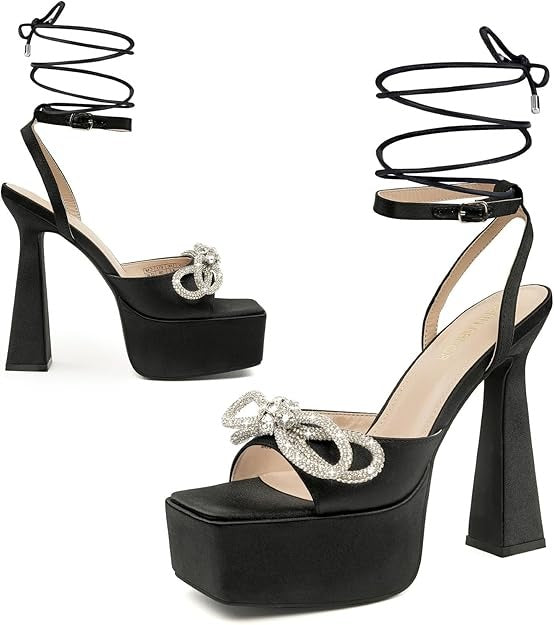Women's Black Platform Lace Up Bow Heels