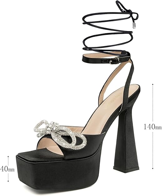 Women's Black Platform Lace Up Bow Heels