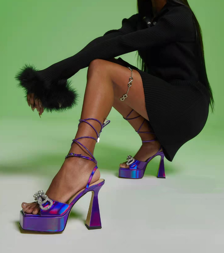 Women's Black Platform Lace Up Bow Heels