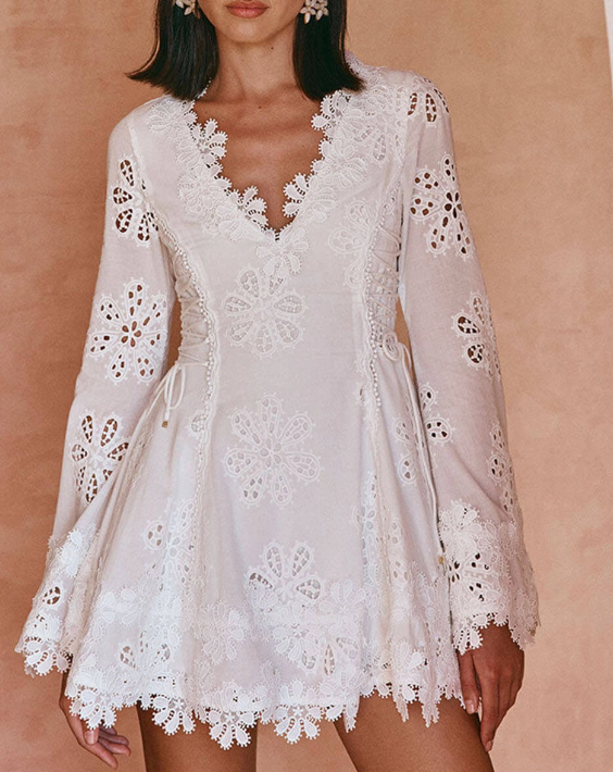 Embroidery Hollow Delicate Flower Trim Long Sleeve Side Lace-up Mini Dress