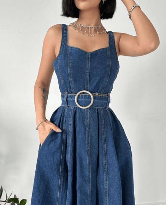 Blue Strappy Denim Dress With Buckle Belt