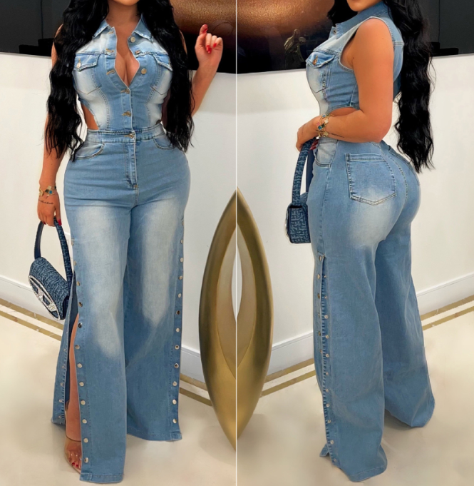 Women's Fashion Stand-up Collar Stretch Denim Jumpsuit