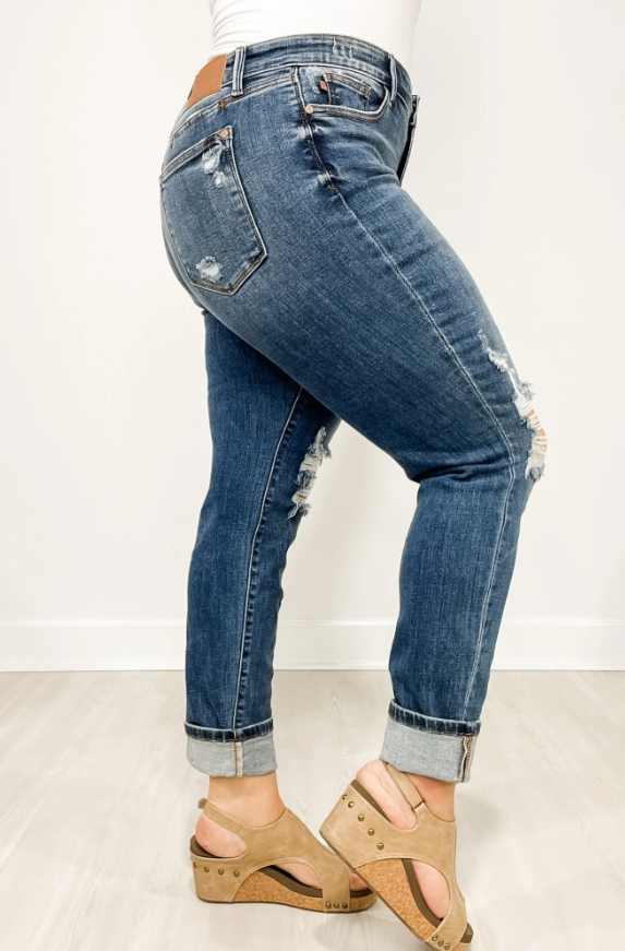 Mid-Rise Boyfriend Fit Distressed Cuffed Jeans