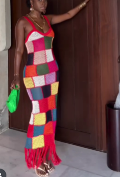 Crochet Colorblock Plaid Fringed Hemline Vacation Slip Maxi Dress