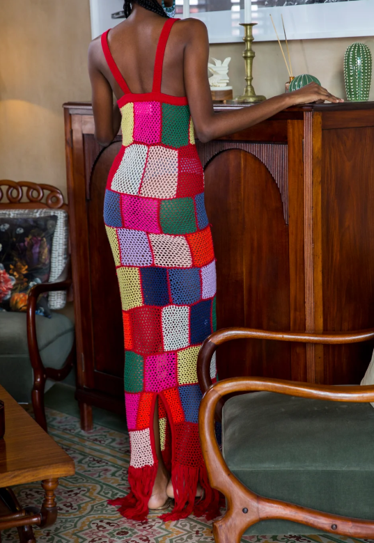 Crochet Colorblock Plaid Fringed Hemline Vacation Slip Maxi Dress