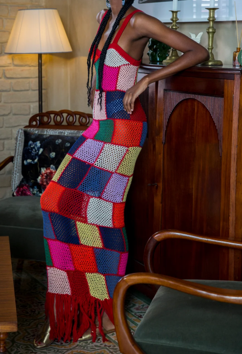 Crochet Colorblock Plaid Fringed Hemline Vacation Slip Maxi Dress