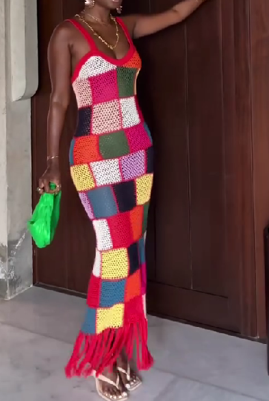 Crochet Colorblock Plaid Fringed Hemline Vacation Slip Maxi Dress