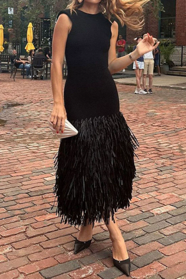 Solid Color Raffia Patchwork Knitted Long Skirt