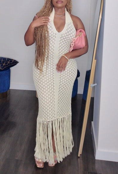 Crochet Fringe Sexy Backless V Neck Maxi Dress