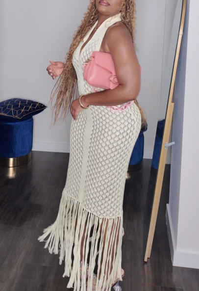 Crochet Fringe Sexy Backless V Neck Maxi Dress