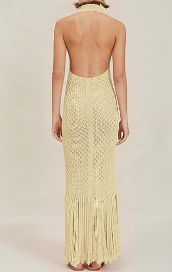 Crochet Fringe Sexy Backless V Neck Maxi Dress