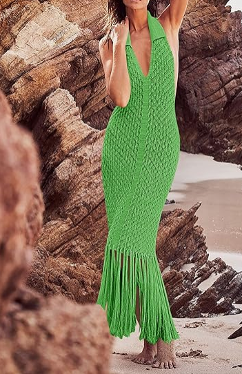 Crochet Fringe Sexy Backless V Neck Maxi Dress