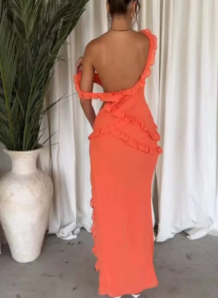 Ruffled Hem Slim Backless Dress