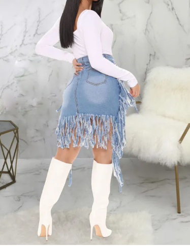 Women Fashion Sexy High Waist Tassel Denim Skirt