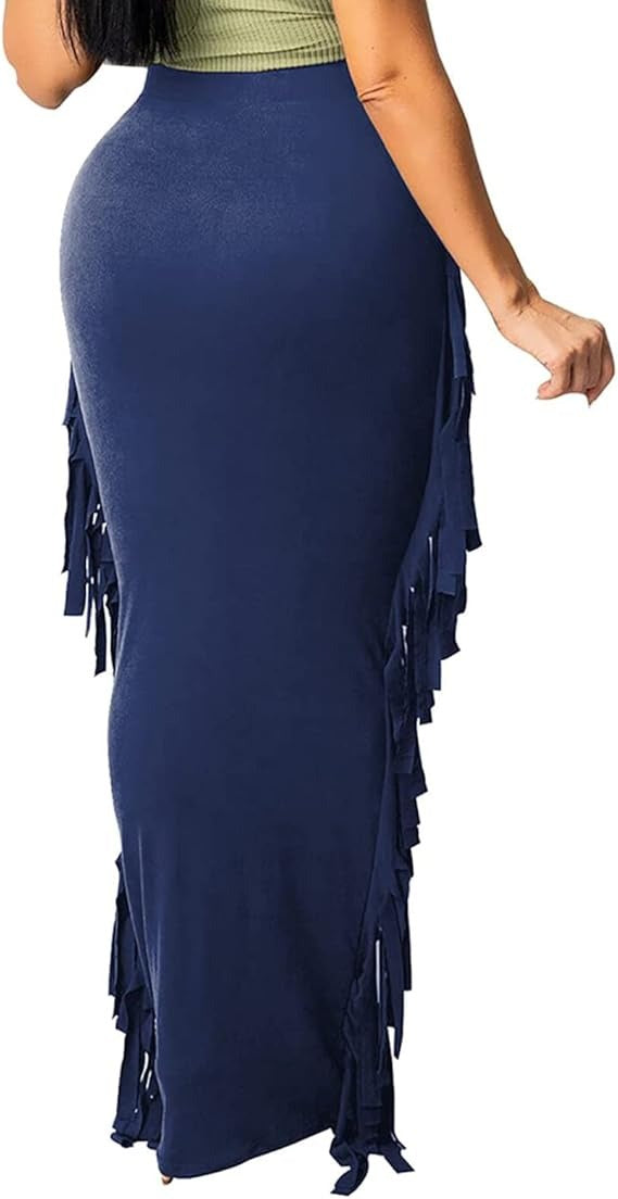 Women High Waist Sides Tassel Bodycon Maxi Skirt