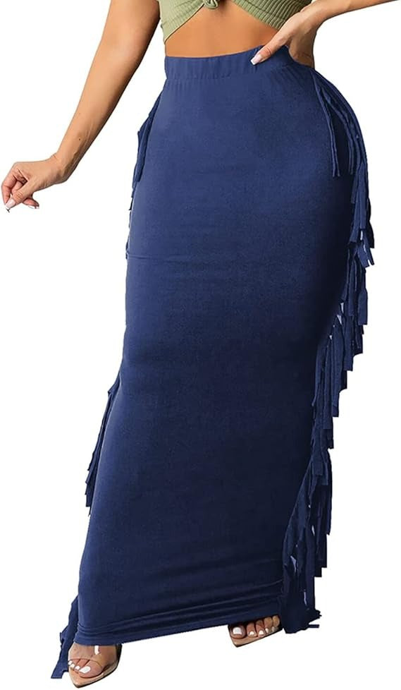 Women High Waist Sides Tassel Bodycon Maxi Skirt