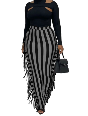 Women High Waist Sides Tassel Bodycon Maxi Skirt