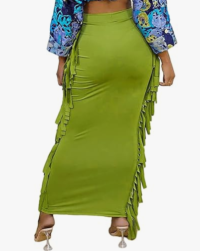 Women High Waist Sides Tassel Bodycon Maxi Skirt